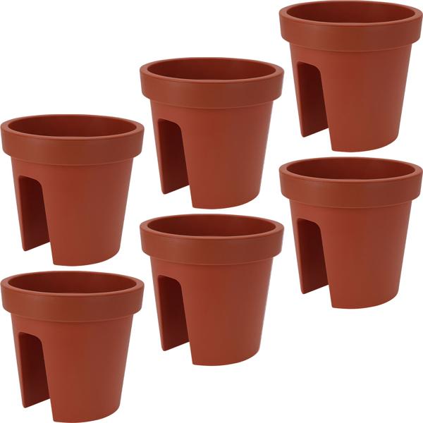 6er-Set Balkon-Blumentopf rund - Terracotta Geländertopf für Geländer bis 6cm Breite - Ø 28 cm - 100% recycelbarer Kunststoff - Wetterbeständig