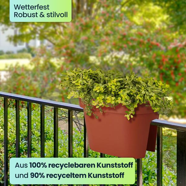 2er-Set Balkon-Blumentopf - oval & rund, terracotta - ideal für Geländer bis 6 cm Breite - aus recycelbarem Kunststoff, langlebig, wetterfest