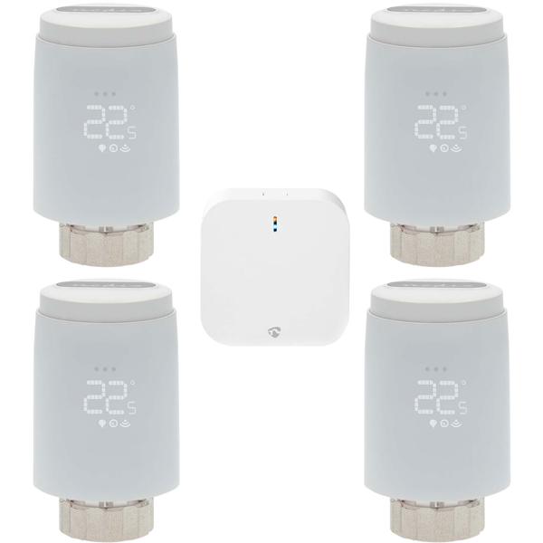 4er-Set Smartes Heizkörperthermostat inkl. Zigbee-Gateway - App- & Sprachsteuerung, Anti-Kalk/Frost, Kindersicherung, Google Assistant/Alexa/Siri-kompatibel