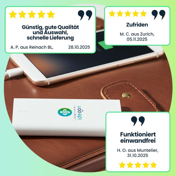 Kompakte Powerbank USB-C (4.000mAh) – Ultra-Slim Powerbank mit fest integriertem Kabel & Lightning Adapter – Mobiler Akku-Boost