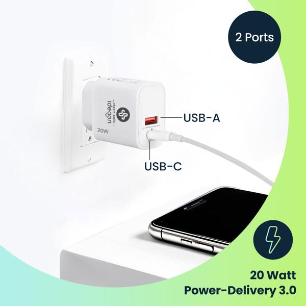 USB Ladegerät, weiss, 2 Ports, 1x USB-C und USB-A, 20 W, Power Delivery 3.0 für schnelles Laden von iPhone, Samsung, Huawai, Xiaomi