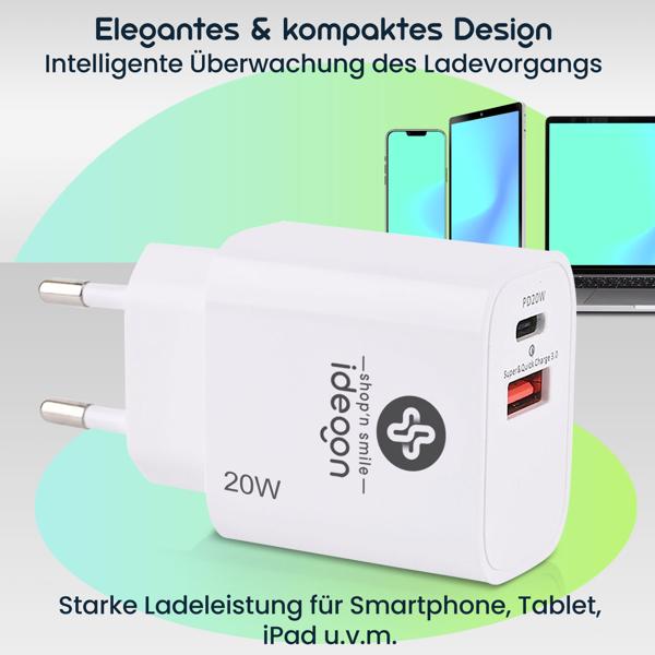 USB Ladegerät, weiss, 2 Ports, 1x USB-C und USB-A, 20 W, Power Delivery 3.0 für schnelles Laden von iPhone, Samsung, Huawai, Xiaomi