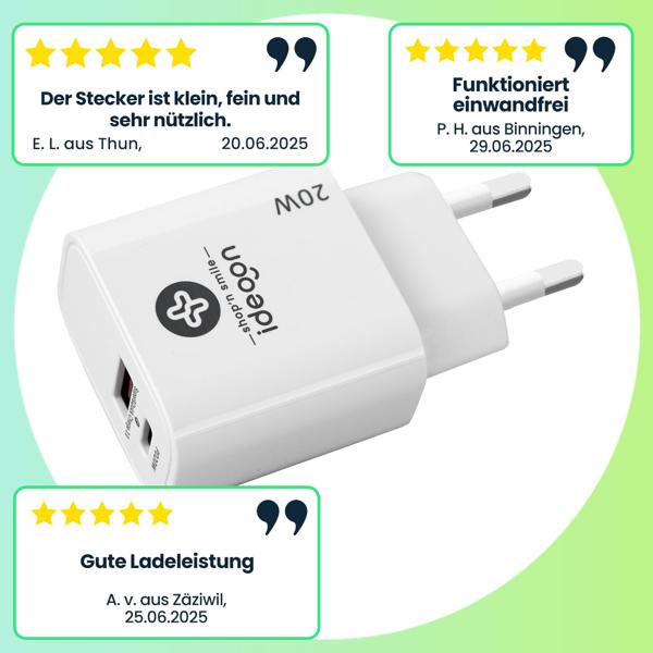 USB Ladegerät, weiss, 2 Ports, 1x USB-C und USB-A, 20 W, Power Delivery 3.0 für schnelles Laden von iPhone, Samsung, Huawai, Xiaomi
