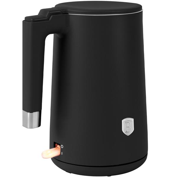 Mattschwarzer Doppelwand Wasserkocher (1,7L, 1800W): 360° drehbar, energiesparend & sicher, Cool-Touch, schnell & stilvoll für Ihre Küche