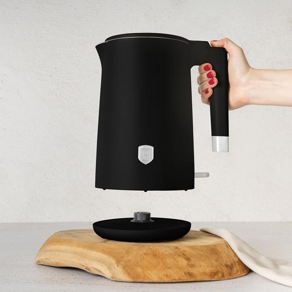 Mattschwarzer Doppelwand Wasserkocher (1,7L, 1800W): 360° drehbar, energiesparend & sicher, Cool-Touch, schnell & stilvoll für Ihre Küche