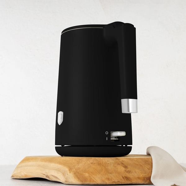 Mattschwarzer Doppelwand Wasserkocher (1,7L, 1800W): 360° drehbar, energiesparend & sicher, Cool-Touch, schnell & stilvoll für Ihre Küche