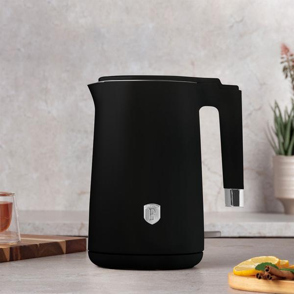 Mattschwarzer Doppelwand Wasserkocher (1,7L, 1800W): 360° drehbar, energiesparend & sicher, Cool-Touch, schnell & stilvoll für Ihre Küche