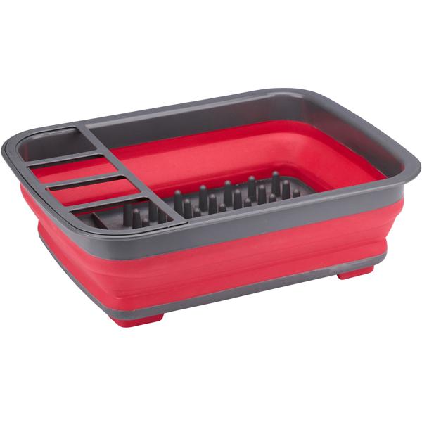 Abtropfkorb faltbar 36,5x31x12/5,5 cm - Mit Besteckhalter & Tellerfächern - Ideal für Camping, Küche & Reise - Verhindert Schimmel - Rot/Anthrazit