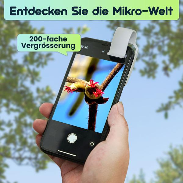 Mikroskop-Vorsatzlinse für Smartphone/Tablet 200x: Mit 6 LEDs für detailreiche Nahaufnahmen, weiss - Entdecken Sie die Mikro-Welt