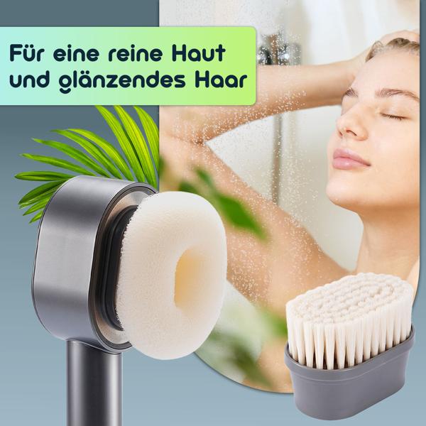 Hochwertiger 3-in-1 Duschkopf mit Bürste, Schwamm und Wasserspar Funktion - 2 x Premium-Wasserfilter - Wellness Brause für Ihr Spa-Erlebnis