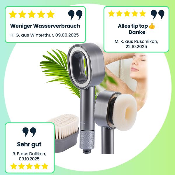 Hochwertiger 3-in-1 Duschkopf mit Bürste, Schwamm und Wasserspar Funktion - 2 x Premium-Wasserfilter - Wellness Brause für Ihr Spa-Erlebnis