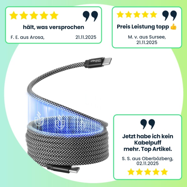 Hochwertiges USB-C Ladekabel 100W, 1m: Magnetische Aufrollfunktion, schnell & knotenfrei – zuverlässig für Samsung, Xiaomi, iPad, iPhone, Notebooks