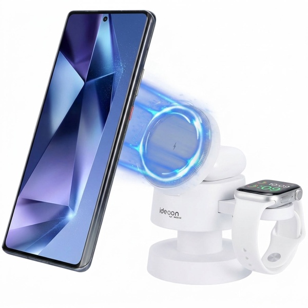 Multifunktionale drahtlose & komfortable Ladestation mit Nachtlicht (15W) USB-C - weiss - für Smartphones, Watches, Pods & mehr - Komfort + Ordnung