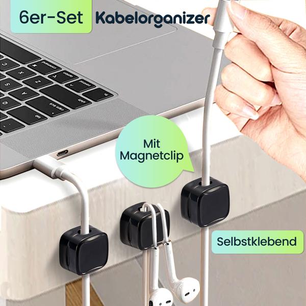 Kabelorganizer (6er-Set) mit Magnetclip – Schreibtisch-Kabelhalter, selbstklebend & flexibel – Für Zuhause & Büro, schwarz