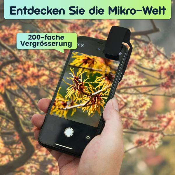 Mikroskop-Vorsatzlinse für Smartphone/Tablet 200x: Mit 6 LEDs für detailreiche Nahaufnahmen, schwarz - Entdecken Sie die Mikro-Welt