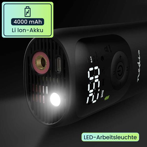 Mobile Akku-Kompressor-Luftpumpe: 0,1-10,3 Bar, 4000mAh, digitale Anzeige & Arbeitsleuchte – Leistungsstark & präzise aufpumpen