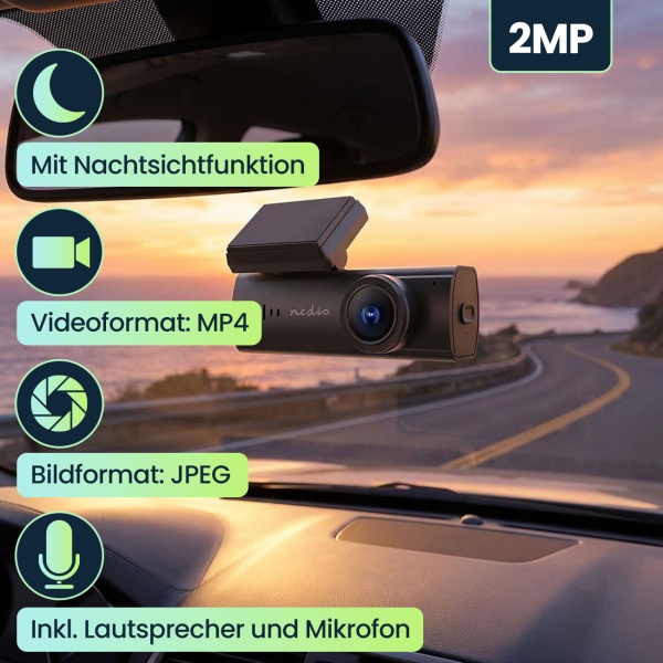 Full-HD Dashcam, 2MP, 150° Weitwinkel, Nachtsicht, Akku, Fotomodus, gestochen scharfe Aufnahmen, hohe Sicherheit
