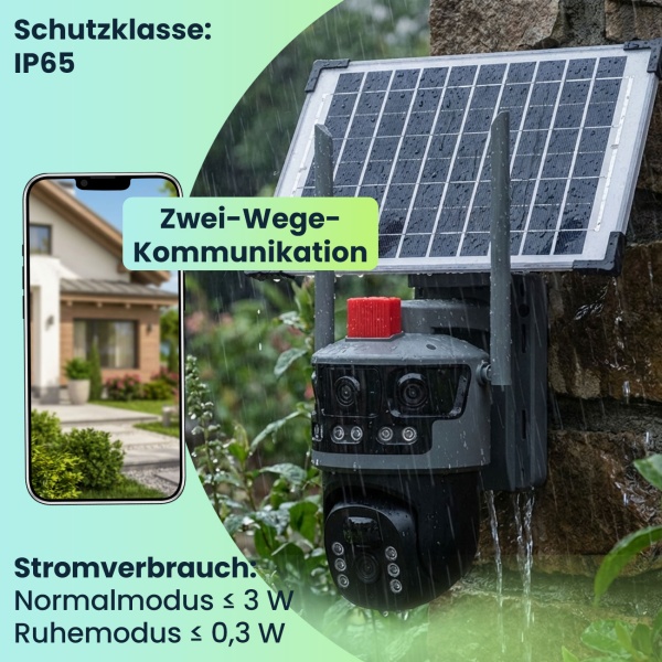 4G Dual Kamera mit Solarmodul, mit Full-HD-Videoauflösung, Zwei-Wege-Kommunikation - Smarte Sicherheit ohne Stromanschluss
