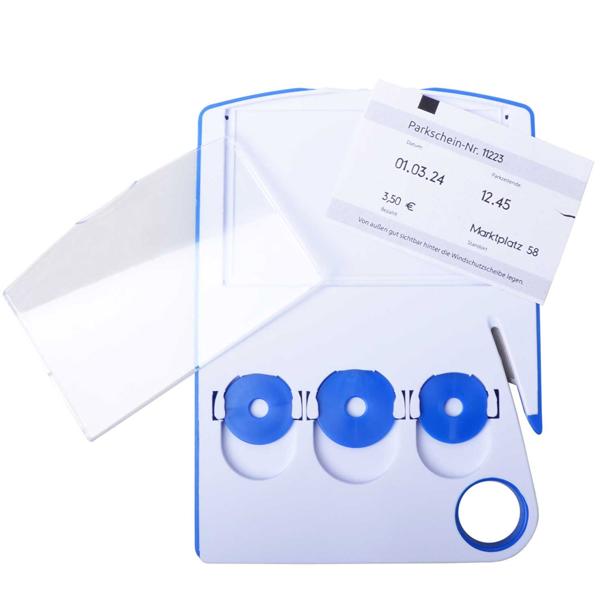 4in1 Parkscheibe mit Gurtschneider, Parkscheinhalter & 3 Einkaufchips (Eurogrösse) - Autozubehör Kunststoff 15x11cm - Notfall & Alltag sicher