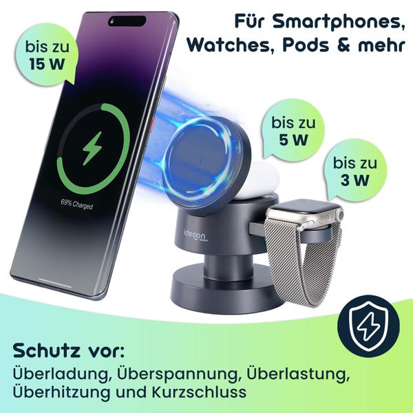 Multifunktionale drahtlose & komfortable Ladestation mit Nachtlicht (15W) USB-C - schwarz - für Smartphones, Watches, Pods & mehr - Komfort + Ordnung