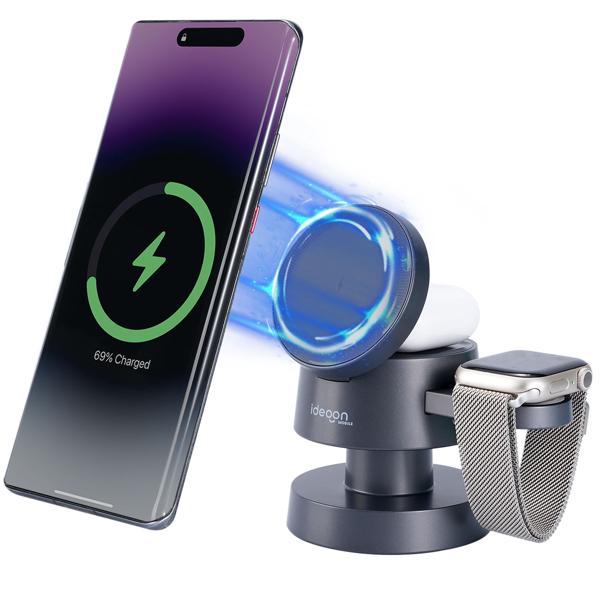 Multifunktionale drahtlose & komfortable Ladestation mit Nachtlicht (15W) USB-C - schwarz - für Smartphones, Watches, Pods & mehr - Komfort + Ordnung