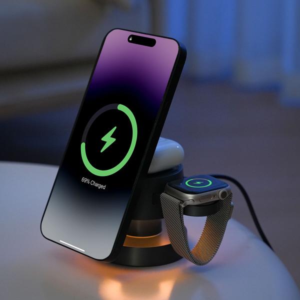 Multifunktionale drahtlose & komfortable Ladestation mit Nachtlicht (15W) USB-C - schwarz - für Smartphones, Watches, Pods & mehr - Komfort + Ordnung