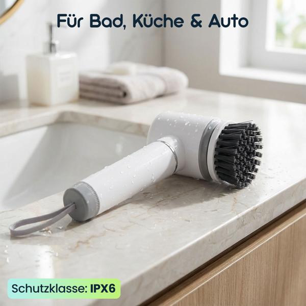 Elektrische Reinigungsbürste mit 6 Aufsätzen, Akku (5W): Kabellos & kraftvoll – Für Bad, Küche & Auto – Mühelos sauber