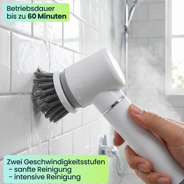 Elektrische Reinigungsbürste mit 6 Aufsätzen, Akku (5W): Kabellos & kraftvoll – Für Bad, Küche & Auto – Mühelos sauber