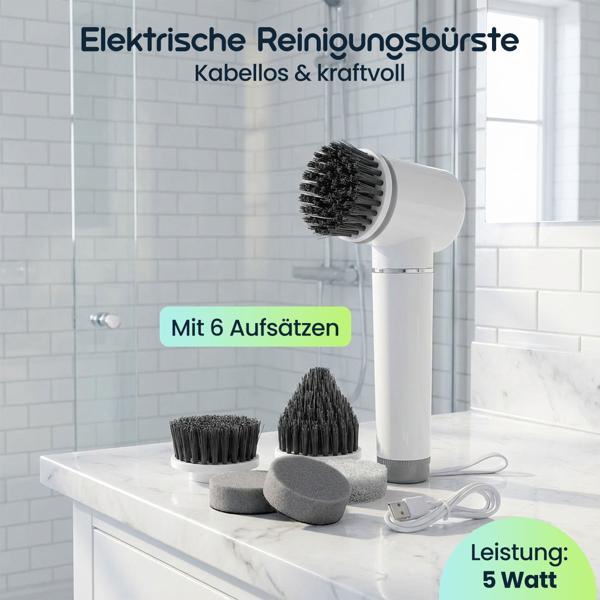 Elektrische Reinigungsbürste mit 6 Aufsätzen, Akku (5W): Kabellos & kraftvoll – Für Bad, Küche & Auto – Mühelos sauber