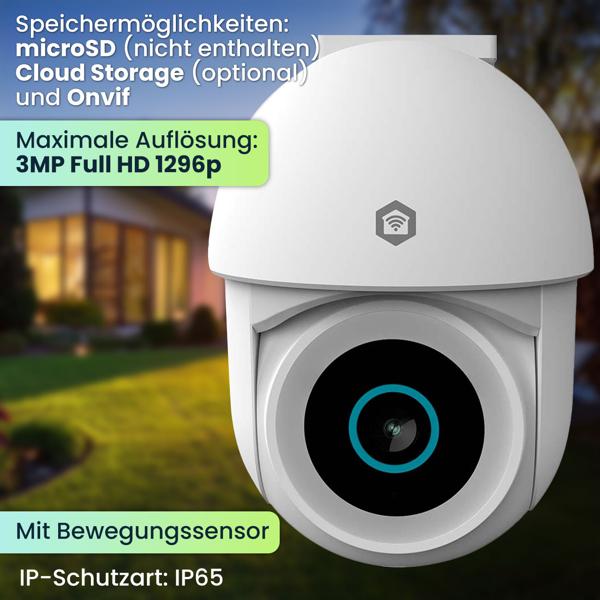 PTZ-Überwachungskamera für den Aussenbereich, 3MP Full HD, IP65, 355°PAN & 105°TILT, Aussenkamera mit Bewegungssensor, Nachtsicht, Sirene