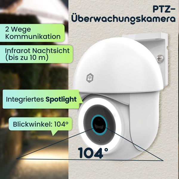 PTZ-Überwachungskamera für den Aussenbereich, 3MP Full HD, IP65, 355°PAN & 105°TILT, Aussenkamera mit Bewegungssensor, Nachtsicht, Sirene