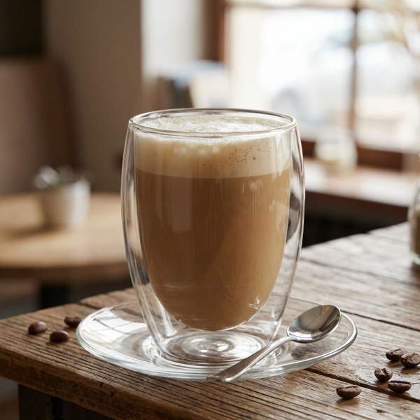 Doppelwandiges Kaffee-Glas, 350 ml, Schwebeeffekt, hitzebeständiges Barista Glas, Cappuccino, Latte-Macchiato, Tee