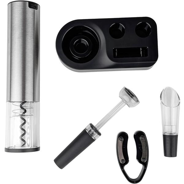 Hochwertiger Korkenzieher elektrisch mit Akku – Profi-Weinflaschenöffner-Set aus gebürstetem Edelstahl inkl. Folienschneider, Ausgiesser und Verschluss