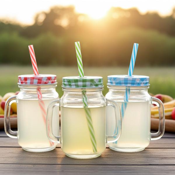 Retro-Trinkgläser mit buntem Deckel, Henkel und Trinkhalm: Ein 3er-Set für Limonade, Eistee, Cocktails & Smoothies – Vintage-Style