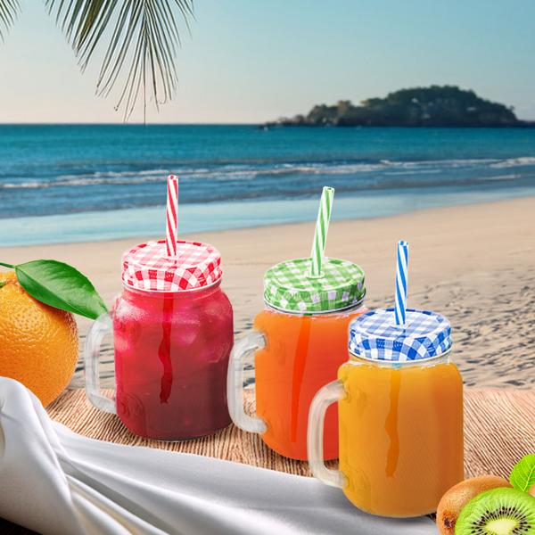 Retro-Trinkgläser mit buntem Deckel, Henkel und Trinkhalm: Ein 3er-Set für Limonade, Eistee, Cocktails & Smoothies – Vintage-Style