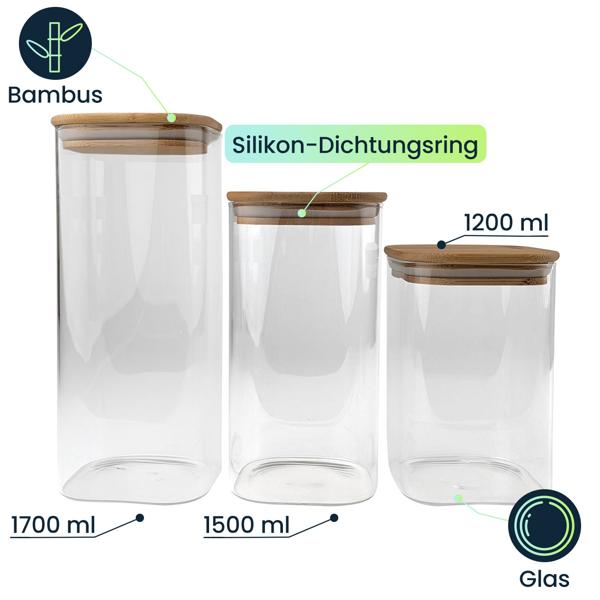 Vorratsgläser-Set mit Deckel aus Bambus, 3 Grössen: Eine elegante Aufbewahrung für Küche – Aromasicher & Platzsparend frischhalten!