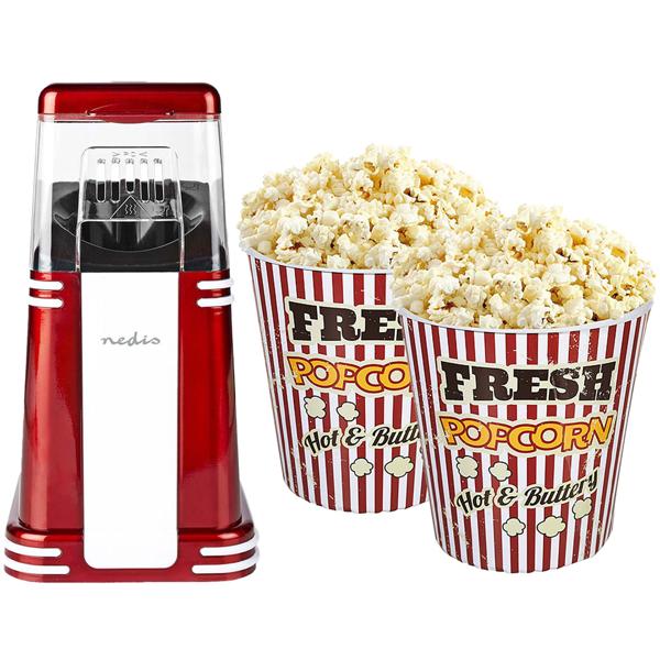 Retro Heissluft Popcorn Maschine - rot/weiss aus Aluminium / Kunststoff, 15x29x17cm, 2 Kino-Becher, Popcorn Maker, schnell, einfach, fettarm 