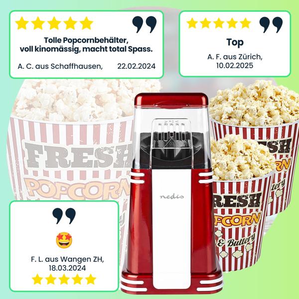 Retro Heissluft Popcorn Maschine - rot/weiss aus Aluminium / Kunststoff, 15x29x17cm, 2 Kino-Becher, Popcorn Maker, schnell, einfach, fettarm 