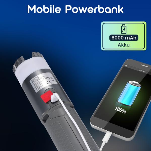 Professionelle Outdoor-LED-Leuchte mit Stativ – Mobiler Akku-Strahler mit 180° schwenkbarem Kopf, dimmbar, RGB & Powerbank