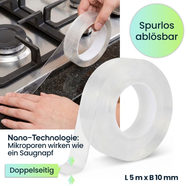 Doppelseitiges Nano-Klebeband Transparent (5m x 10mm): Starke 110g/cm² Haltekraft, Wiederverwendbar, spurlos ablösbar