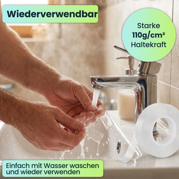 Doppelseitiges Nano-Klebeband Transparent (5m x 10mm): Starke 110g/cm² Haltekraft, Wiederverwendbar, spurlos ablösbar