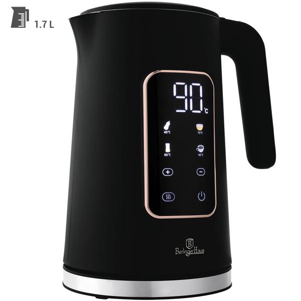 Eleganter 1,7L Edelstahl-Wasserkocher: 2200W, modernes Touch-Display, 4 Stufen, 360°, matt schwarz-roségold – schnelles & stilvolles Wasser kochen