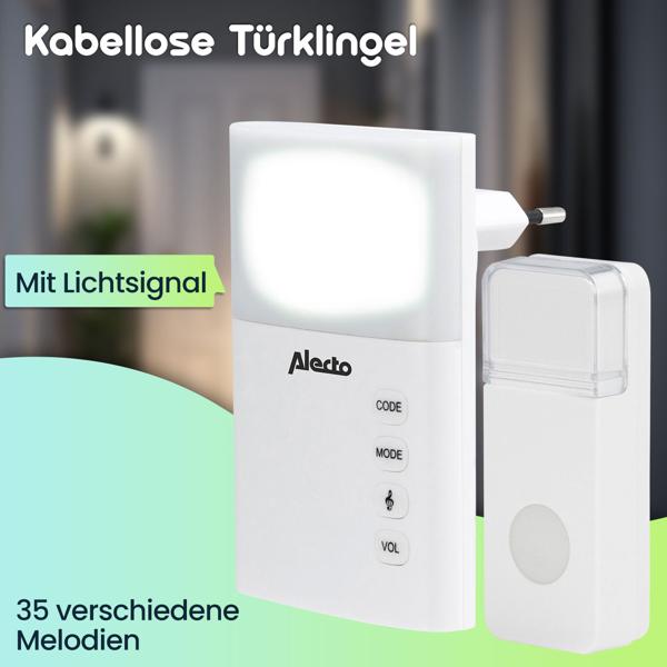 Kabellose Türklingel mit Lichtsignal, 35 verschiedene Melodien, IP44, Funk Türklingel im modernen Design, einfache Installation, grosse Reichweite, Top Empfang