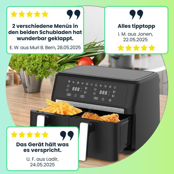 Premium Dual-Zone Heissluftfritteuse, Doppelkorb, 2x 4,5 l, inkl. Silikonformen - Air Fryer, 11 Kochprogramme, LED Touch Display, starke 2400W 