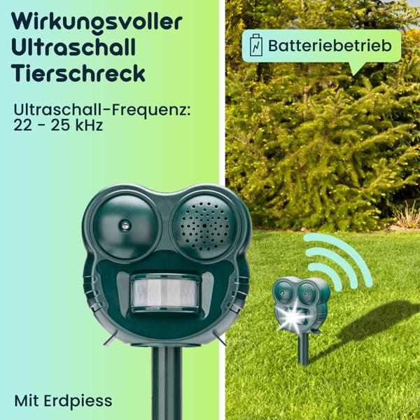 2er-Set  2in1 Wirkungsvoller Ultraschall Tierschreck mit LED-Blitzicht und PIR-Bewegungsmelder, 70 m² - Tierabwehr gegen Katzen, Hunde und Wildtiere