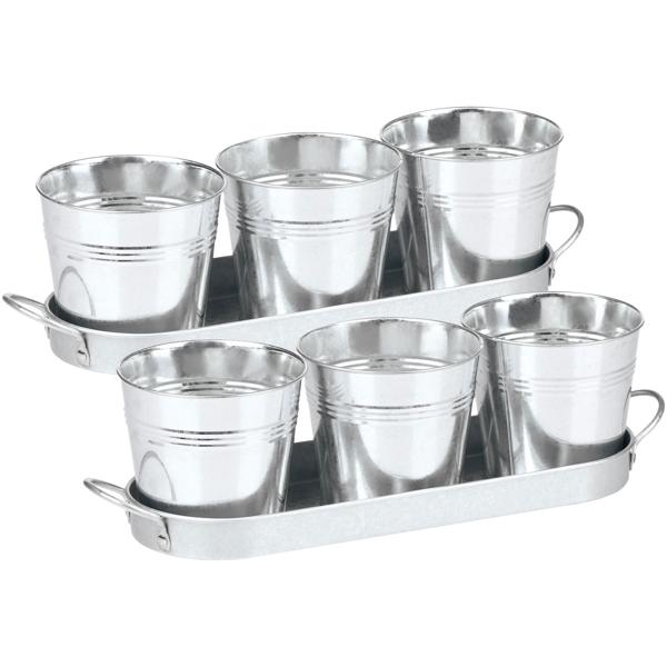 2er-Set Kräutertöpfe, 3tlg., mit Tablett, Metall, Pflanztöpfe für Kräuter, Basilikum, Minze, Petersilie, für die Küche und Fensterbank