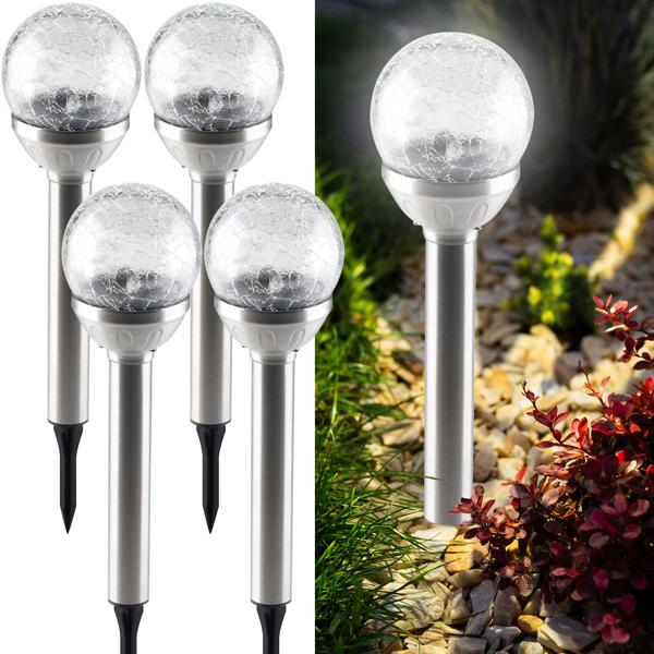 4er-Set Stimmungsvolle Solar-Kugellampe mit Bruchglas-Optik & Erdspiess (34x7,5cm) – Garten-Wegelicht, Solarleuchte – zauberhaftes Ambiente im Garten