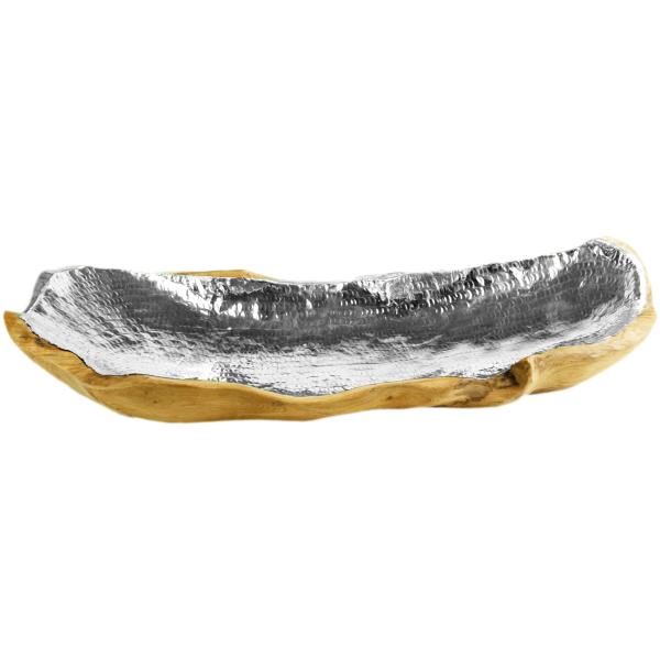 Elegante flache Schale aus Teakholz mit Alu-Finish, 60 x 25 x 7cm