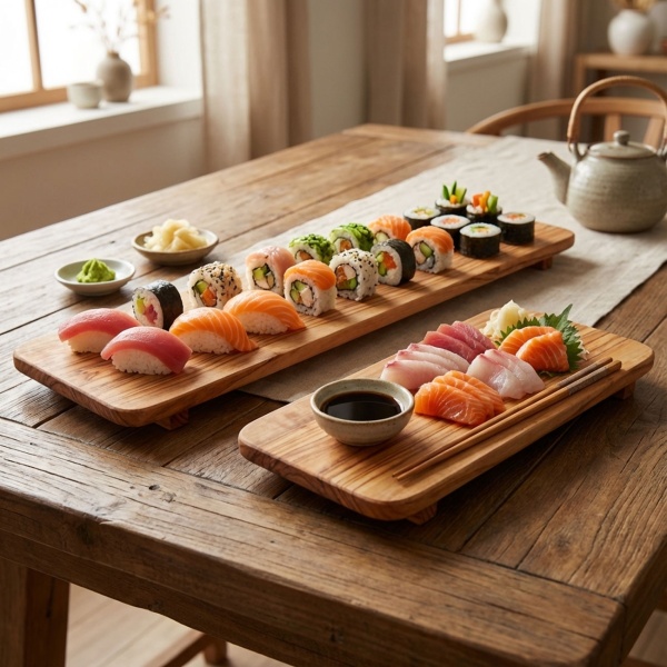 Sushi Servierbrett Set 2tlg aus Olivenholz - Handgefertigt, mit Füssen & Saftrille - Antibakteriell - Ideal für Sushi, Sashimi - Made in Italy - 13x55/28cm