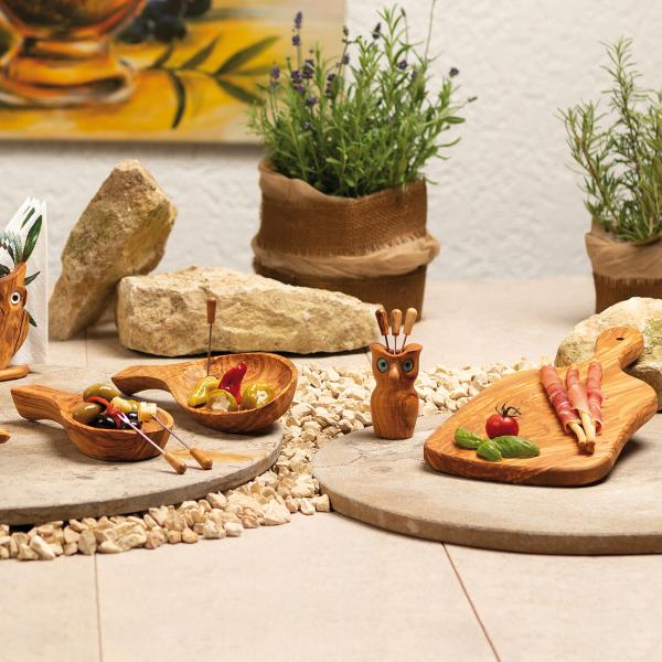 Tapas-Set aus Olivenholz - handgefertigte Schale 22 cm - 12 Snack- & Olivengabeln - robust, langlebig, kratzfest - 100% unbehandelt - Italien